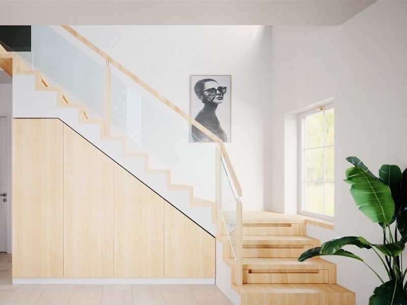 Treppe mit Einbauschrank in Holz