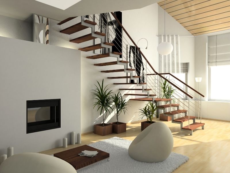 offenes Wohnzimmer mit Treppe und Sitzecke