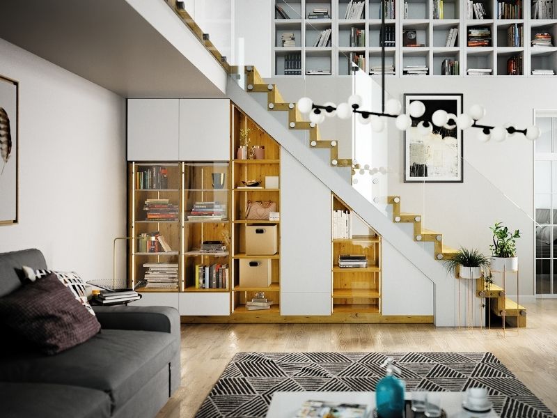 Wohnzimmer mit Treppe
