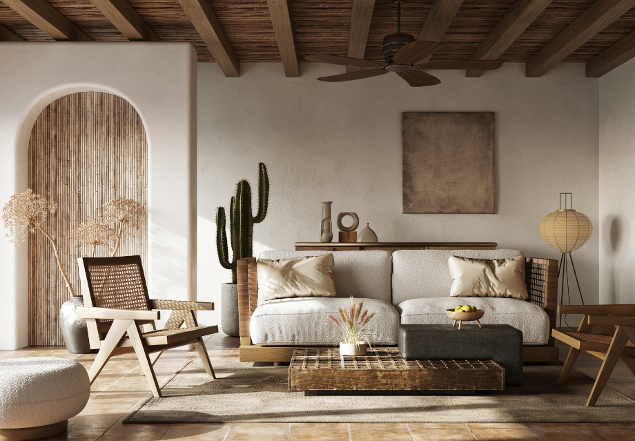 Wohnzimmer Kaktus weißes Sofa Kissen Vasen