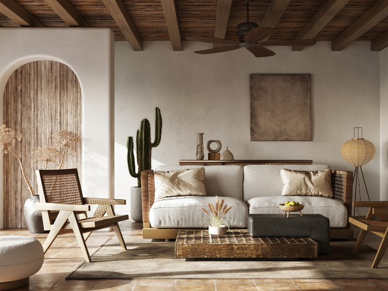 Wohnzimmer Kaktus weißes Sofa Kissen Vasen