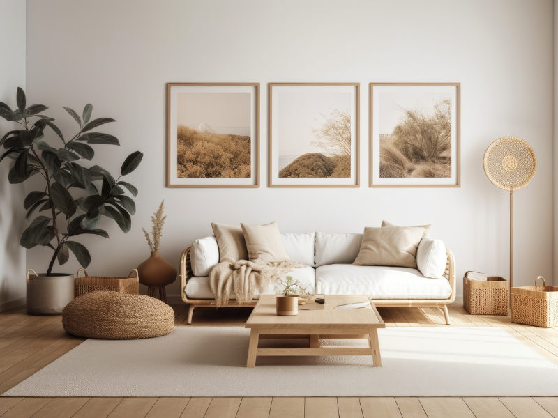 Wohnzimmer 3 Bilder an der Wand mit Naturmotiven, Pflanze links, helles Sofa in der Mitte, Bast Holz, weißer Teppich