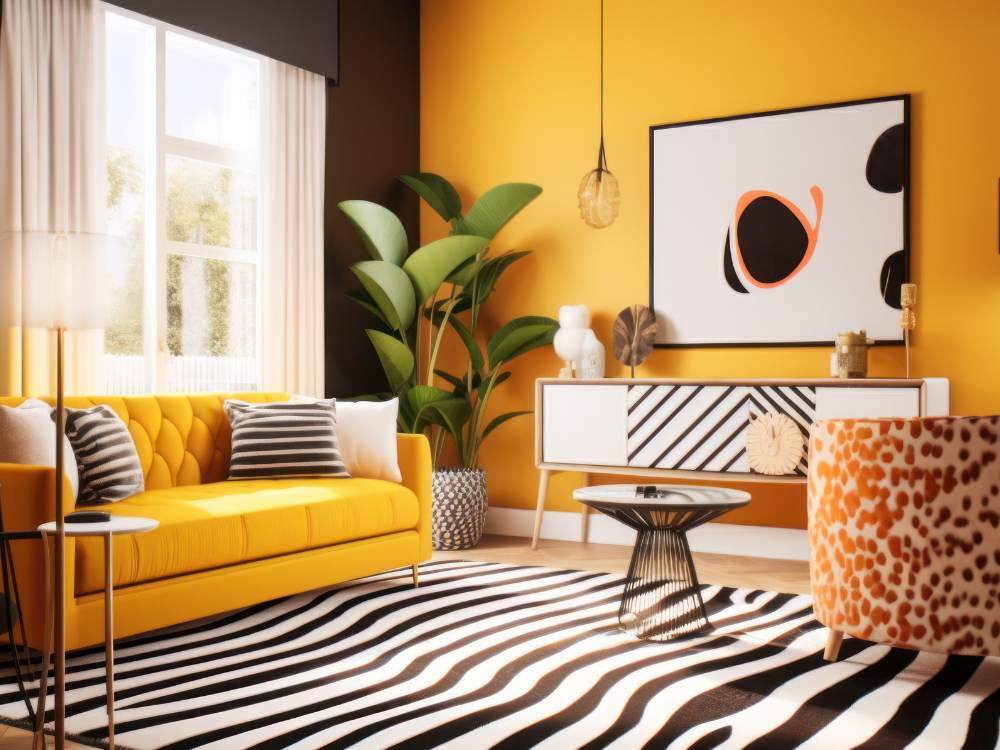 Raum mit gelben Akzenten, Wand, Sofa