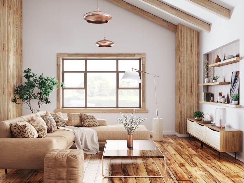 Wohnzimmer mit Schräge mit Holztönen und Deko-Elementen