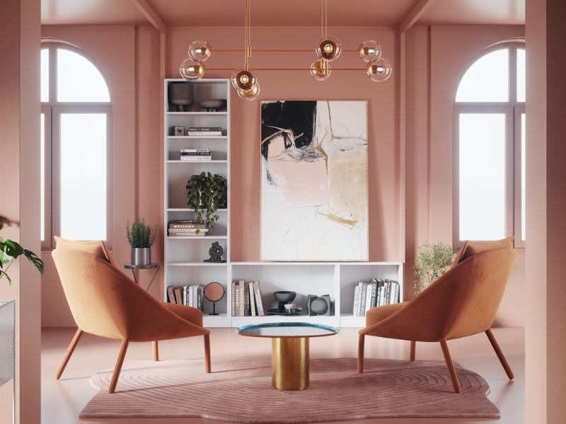 rosa offener Raum mit 2 Stühlen und Regal