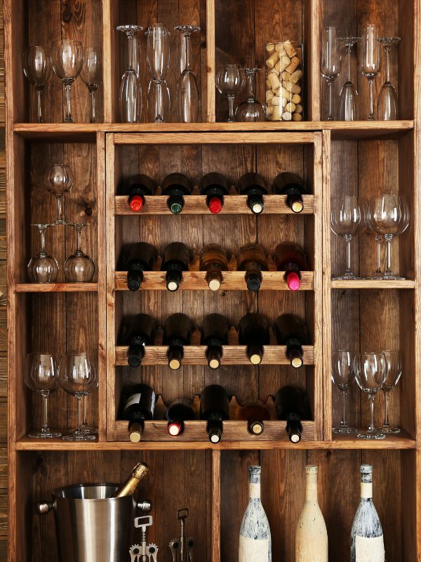offenes, rustikales Weinregal mit Flaschen und Gläsern